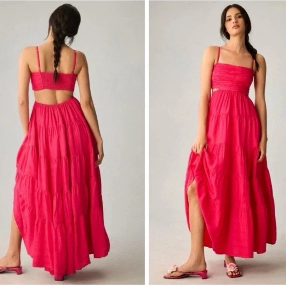 New! Anthropologie Let Me Be Cutout Tiered Dress in Magenta, women size XS